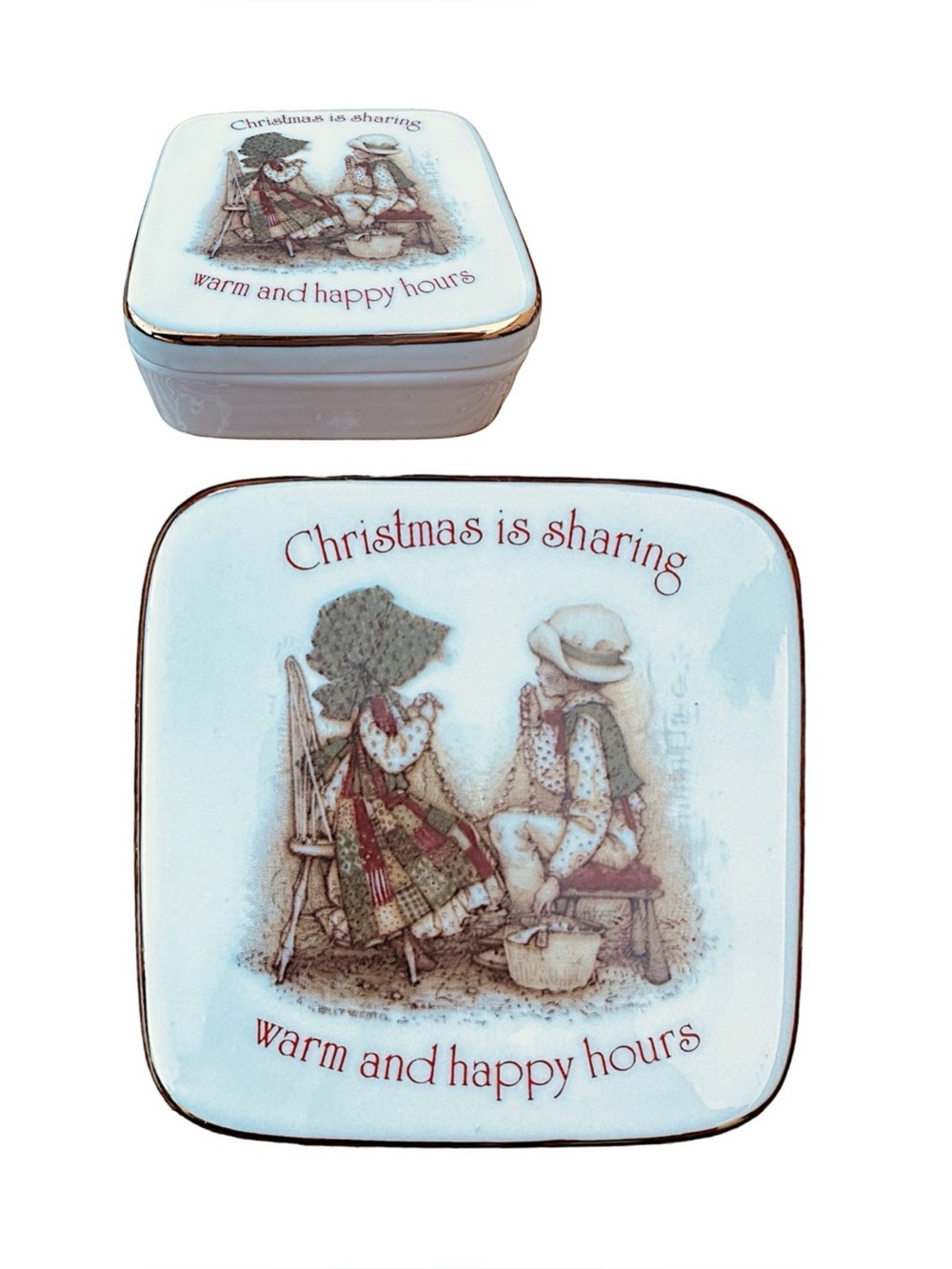 Holly Hobbie Christmas Trinket Box Vintage Porcelain Jewelry Dish Gift Vintage